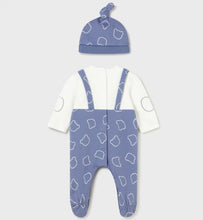 Load image into Gallery viewer, Baby boy's blue onesie and hat set. Mayoral 2673 boy's outfit. Blue romper and hat on kidstuff.ie Back view