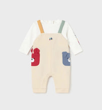 Load image into Gallery viewer, Baby boy cream romper with red, yellow, blue and green details. Mayoral 2688 onesie for a boy.