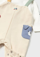 Load image into Gallery viewer, Baby boy cream romper with red, yellow, blue and green details. Mayoral 2688 onesie for a boy. detail view