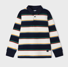 Load image into Gallery viewer, Long sleeved, polo shirt in dark navy and winter white wide stripes edged with green, red, blue and yellow narrow stripes. Woven navy collar. Button opening to centre front. Mayoral 4102 Boys top available on kidstuff.ie