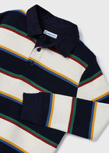 Load image into Gallery viewer, Long sleeved, polo shirt in dark navy and winter white wide stripes edged with green, red, blue and yellow narrow stripes. Woven navy collar. Button opening to centre front. Mayoral 4102 Boys top available on kidstuff.ie Detail