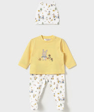 Load image into Gallery viewer, Baby set in lemon yellow  & bunny print with hat. Mayoral 1557 3 piece set. available on kidstuff.ie