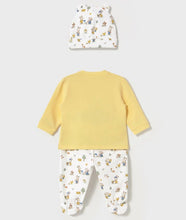 Load image into Gallery viewer, Baby set in lemon yellow  & bunny print with hat. Mayoral 1557 3 piece set. available on kidstuff.ie