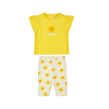 Load image into Gallery viewer, Yellow top with sun design and floral capri leggings for a girl. Mayoral 1751 girl's outfit available to buy on kidstuff.ie