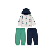 Load image into Gallery viewer, A children's three-piece clothing set featuring a cream-colored hooded sweatshirt with a dark navy bear-ear hood and a green animal print, paired with two pairs of jogger pants in green and navy.