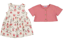 Load image into Gallery viewer, Baby dress with floral pattern and pink cardigan . Mayoral 1922 baby dress set available to buy on kidstuff.ie