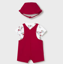 Load image into Gallery viewer, Baby boy's red short dungarees , printed tee shirt and matching red hat. mayoral 1624 boy's set available to buy on kidstff.ie Back view
