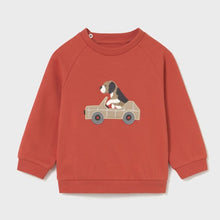 Load image into Gallery viewer, orange sweatshirt with dog in a car design   on the front  has  2 pairs of matching  jog bottoms. Mayoral 2841 boys tracksuit available on kidstuff.ie