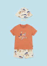 Load image into Gallery viewer, Orange Tee-shirt, printed shorts and hat set for a toddler boy. Mayoral 1653 baby 3 piece available on kidstuff.ie