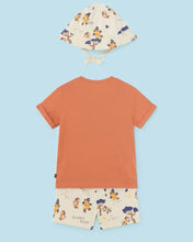 Load image into Gallery viewer, Orange Tee-shirt, printed shorts and hat set for a toddler boy. Mayoral 1653 baby 3 piece available on kidstuff.ie  Back view