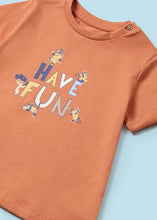 Load image into Gallery viewer, Orange Tee-shirt, printed shorts and hat set for a toddler boy. Mayoral 1653 baby 3 piece available on kidstuff.ie Tee-shirt detail