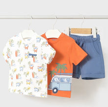 Load image into Gallery viewer, boys three piece set with two t shirts and one pair of shorts. Orange top, print top and blue shorts for  a boy. Mayoral  1652 set available on kidstuff.ie