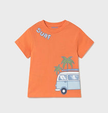 Load image into Gallery viewer, boys three piece set with two t shirts and one pair of shorts. Orange top, print top and blue shorts for  a boy. Mayoral  1652 set available on kidstuff.ie