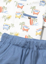 Load image into Gallery viewer, boys three piece set with two t shirts and one pair of shorts. Orange top, print top and blue shorts for  a boy. Mayoral  1652 set available on kidstuff.ie