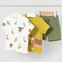 Load image into Gallery viewer, Boy's cotton set of two tops and 1 pair of shorts. Animal print tee shirts and khaki shorts . Mayoral 1652 in gold available on kidstuff.ie