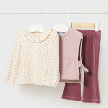 Load image into Gallery viewer, Blouse,  pink velvet trousers and knit vest for a toddler girl. Mayoral 2551 3 pce available to buy on Kidstuff.ie