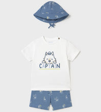 Load image into Gallery viewer, Baby boy printed hat, shorts and tee shirt set. Mayoral 1655 3 piece set  in blue available on kidstuff.ie