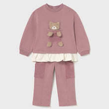 Load image into Gallery viewer, girls pink tracksuit top with fancy 3d appliqué teddy-bear on the front and cream frill detail to the hem. Matching pink jog bottoms with pockets. Mayoral 2843 girl's outfit available on kidstuff.ie
