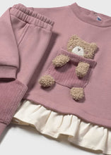 Load image into Gallery viewer, girls pink tracksuit top with fancy 3d appliqué teddy-bear on the front and cream frill detail to the hem. Matching pink jog bottoms with pockets. Mayoral 2843 girl's outfit available on kidstuff.ie