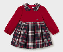 Load image into Gallery viewer, A toddler girl's long-sleeve dress with a solid red knit fabric top and a pleated plaid skirt in navy, red, and cream. The dress features a navy plaid Peter Pan collar . available on kidstuff.ie