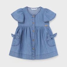Load image into Gallery viewer, Baby or toddler denim dress with bell sleeves and pocket details. Mayoral 1924 baby dress available to buy on kidstuff.ie