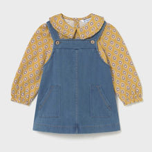 Load image into Gallery viewer, girl's blue denim A-line pinafore dress with  honey-yellow printed long sleeved blouse with collar. Mayoral set 2926 available on kidstuff.ie