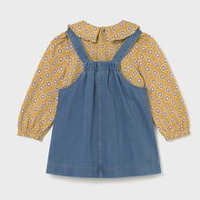 Load image into Gallery viewer, girl's blue denim A-line pinafore dress with  honey-yellow printed long sleeved blouse with collar. Mayoral set 2926 available on kidstuff.ie Back view