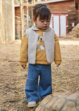 Load image into Gallery viewer, girl wearing Girl's yellow sweatshirt with floral designs and denim blue pants. Mayoral 2594 girl's set avalable on kistuff.ie