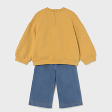 Load image into Gallery viewer, Back view of Girl's yellow sweatshirt with floral designs and denim blue pants. Mayoral 2594 girl's set avalable on kistuff.ie