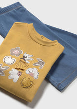 Load image into Gallery viewer, Girl's yellow sweatshirt with floral designs and denim blue pants. Mayoral 2594 girl's set avalable on kistuff.ie