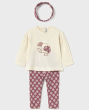 Load image into Gallery viewer, Girl's cream top with deep rose pink flower design on the front with matching deep rose pink printed leggings and headband. Mayoral 2744 girl's outfit available on kidstuff.ie