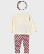 Load image into Gallery viewer, back view of Girl's cream top with deep rose pink flower design on the front with matching deep rose pink printed leggings and headband. Mayoral 2744 girl's outfit available on kidstuff.ie