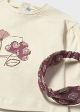 Load image into Gallery viewer, Girl's cream top with deep rose pink flower design on the front with matching deep rose pink printed leggings and headband. Mayoral 2744 girl's outfit available on kidstuff.ie