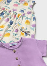 Load image into Gallery viewer, Baby dress with floral pattern and lilac cardigan . Mayoral 1922 baby dress set available to buy on kidstuff.ie