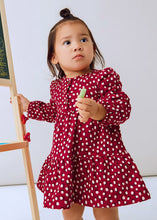 Load image into Gallery viewer, Child earing a Red long sleeved dress with cream polka dots.  Mayoral 2915 girl's dress available on kidstuff.ie