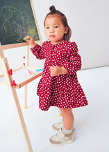 Load image into Gallery viewer, Child wearing a Red long sleeved dress with cream polka dots.  Mayoral 2915 girl's dress available on kidstuff.ie