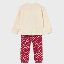 Load image into Gallery viewer, back view of Beige sweatshirt with a rabbit and mushroom design and red polka dot pants for a child. mayoral 2745 outfit available on kidstuff.ie