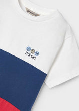 Load image into Gallery viewer, Two boys tops. Colour block tee shirt in cream blue and red with sleeveless tee in blue .Emoji print tee shirts. Mayoral 3030 boys top set available to buy on kidstuff.ie Tee shirt detail