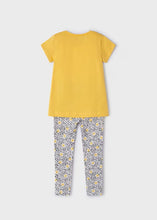 Load image into Gallery viewer, girl's honey yellow tee shirt with daisy motif and matching printed leggings. Girl's yellow top and print leggings available to buy on kidstuff.ie Mayoral 3711 girl's top and leggings. Back view