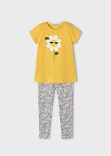 Load image into Gallery viewer, girl's honey yellow tee shirt with daisy motif and matching printed leggings. Girl's yellow top and print leggings available to buy on kidstuff.ie Mayoral 3711 girl's top and leggings.