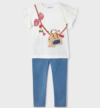 Load image into Gallery viewer, cream printed tee with frill to armhole and matching denim style leggings. Girl's printed top and jeggings set available to buy on kidstuff.ie. Mayoral 3706 outfit