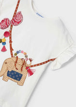 Load image into Gallery viewer, cream printed tee with frill to armhole and matching denim style leggings. Girl's printed top and jeggings set available to buy on kidstuff.ie. Mayoral 3706 outfit. Top detail