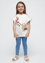 Load image into Gallery viewer, cream printed tee with frill to armhole and matching denim style leggings. Girl's printed top and jeggings set available to buy on kidstuff.ie. Mayoral 3706 outfit