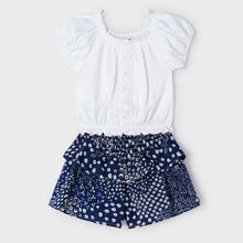 Load image into Gallery viewer, White gypsy top and printed culotte shorts for a girl. Mayoral 3260 girl's outfit available on kidstuff.ie