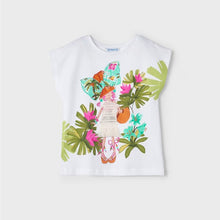 Load image into Gallery viewer, Girl's tee shirt with fun, tropical motif and two pairs of matching capri leggings. Girl's 3 piece outfit available to buy on kidstuff.ie. Mayoral outfit 3709 Top detail