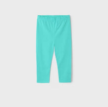 Load image into Gallery viewer, Girl's tee shirt with fun, tropical motif and two pairs of matching capri leggings. Girl's 3 piece outfit available to buy on kidstuff.ie. Mayoral outfit 3709 Aqua leggings