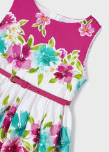 Load image into Gallery viewer, Girl's sleeveless, belted summer dress in fuchsia pink floral border print . Girl's cerise pink dress available to buy on kidstuff.ie. Mayoral dress 3921 .Front detail
