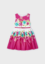 Load image into Gallery viewer, Girl's sleeveless, belted summer dress in fuchsia pink floral border print . Girl's cerise pink dress available to buy on kidstuff.ie. Mayoral dress 3921