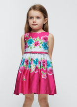 Load image into Gallery viewer, Girl's sleeveless, belted summer dress in fuchsia pink floral border print . Girl's cerise pink dress available to buy on kidstuff.ie. Mayoral dress 3921