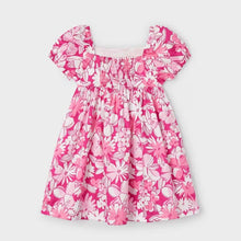 Load image into Gallery viewer, Pink print girl's dress with square neckline and short puff sleeves, Mayoral 3941 girl's dress available to buy on kidstuff.ie Back view